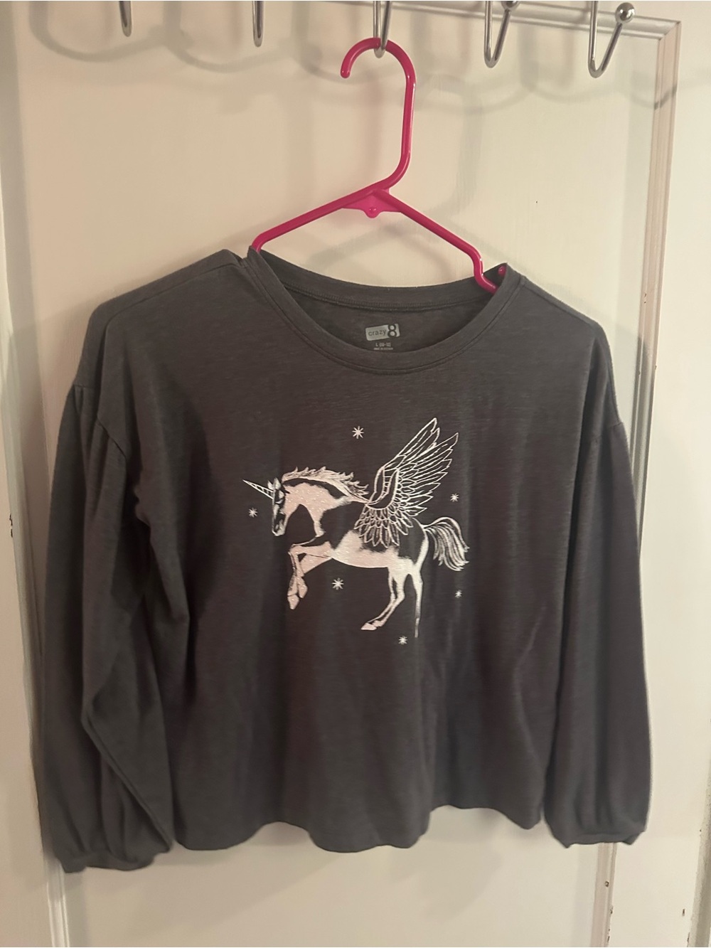 Crazy 8 Charcoal Gray Long Sleeve Top with White Unicorn Graphic